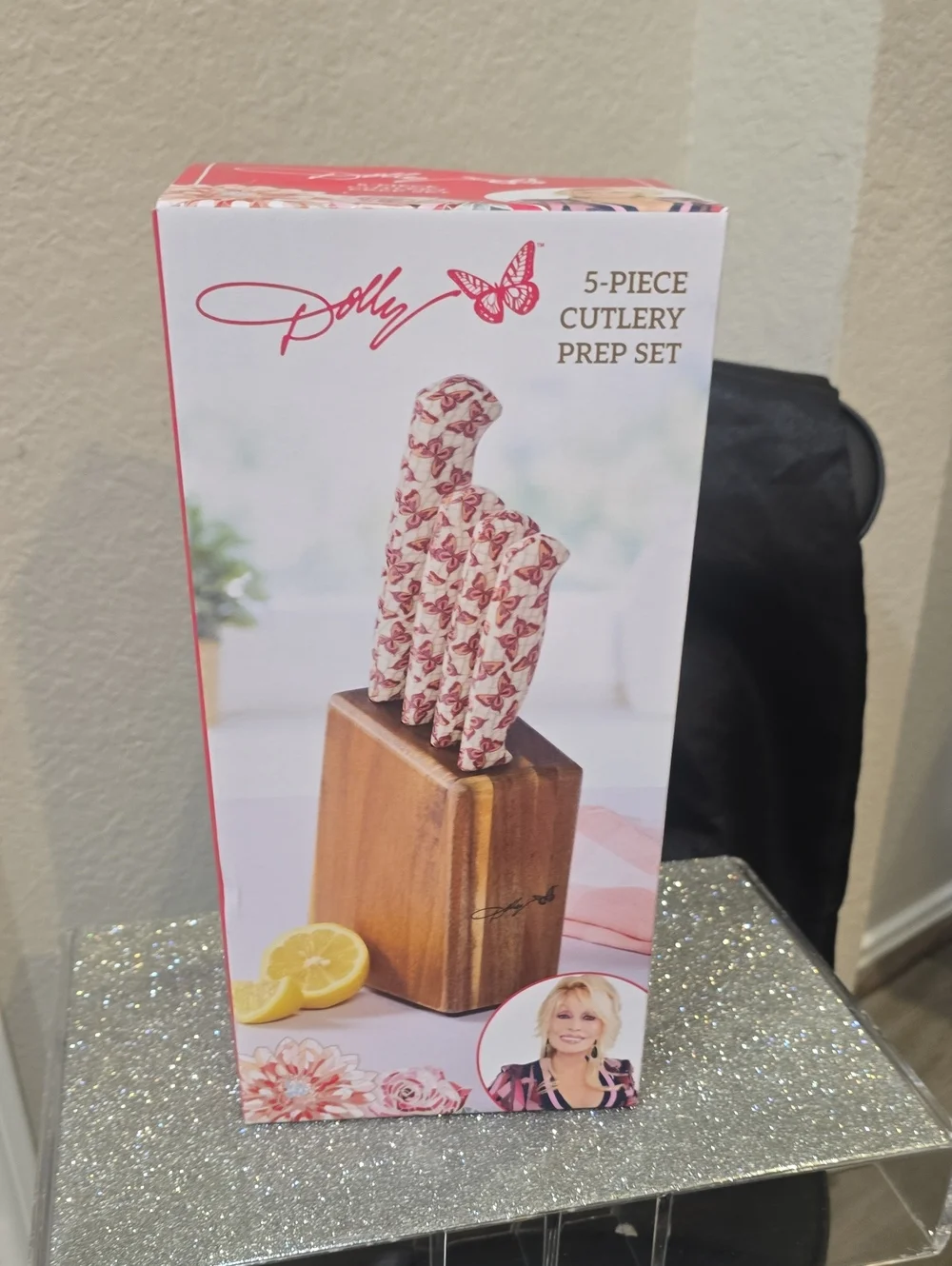 Dolly Parton Butterfly Print 5-PC Cutlery Prep Set w/Wood Block